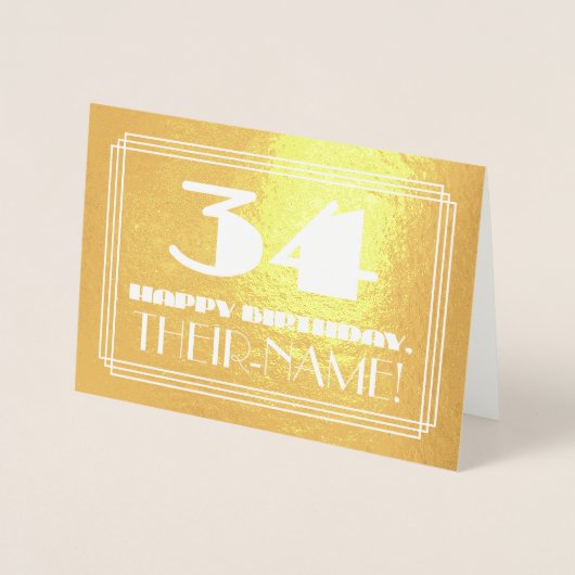 Carte Dorée 34e anniversaire : Nom + Art Déco Inspiré Look "34 (Devant)