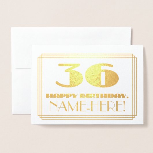 Carte Dorée 36ème anniversaire ; nom + Art Déco Inspiré Look " (Devant avec enveloppe)
