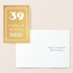 Carte Dorée 39e anniversaire ~ Style Art Déco "39" & Nom perso
