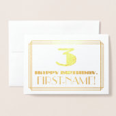 Carte Dorée 3e anniversaire ; nom + Art Déco Inspiré Look "3" (Devant avec enveloppe)