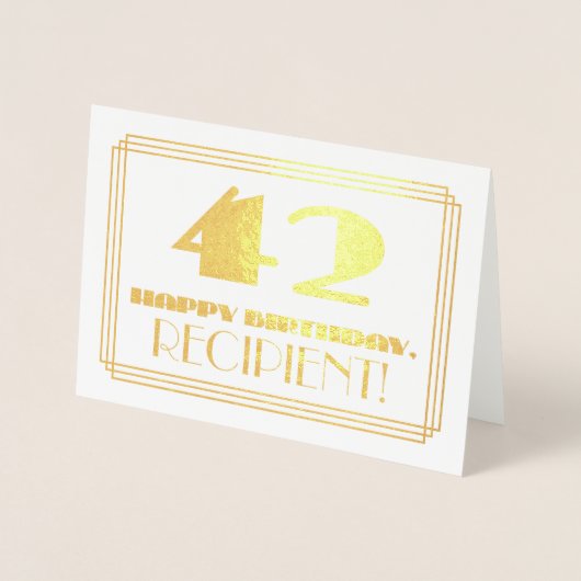 Carte Dorée 42e anniversaire ; nom + Art Déco Inspiré Look "42 (Devant)