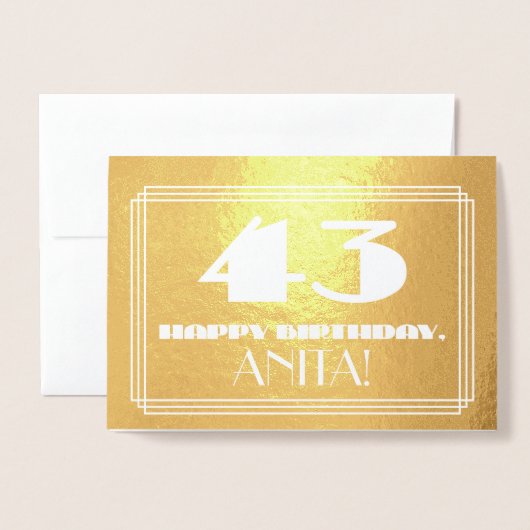 Carte Dorée 43ème anniversaire : Nom + Art Déco Inspiré Look " (Devant avec enveloppe)