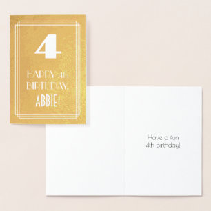 Carte Dorée 4ème anniversaire ~ Style Art Déco "4" & Nom perso