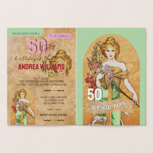 Carte Dorée 50e fête d'anniversaire vintage, déesse de printem