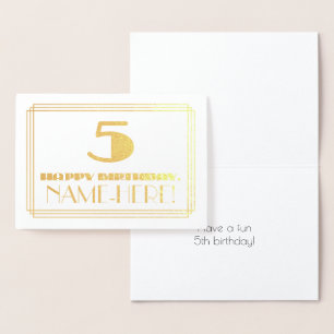 Carte Dorée 5e anniversaire ; nom + Art Déco Inspiré Look "5"