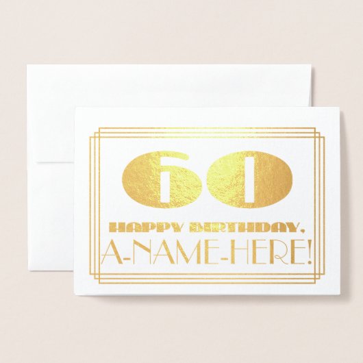 Carte Dorée 60e anniversaire ; nom + Art Déco Inspiré Look "60 (Devant avec enveloppe)