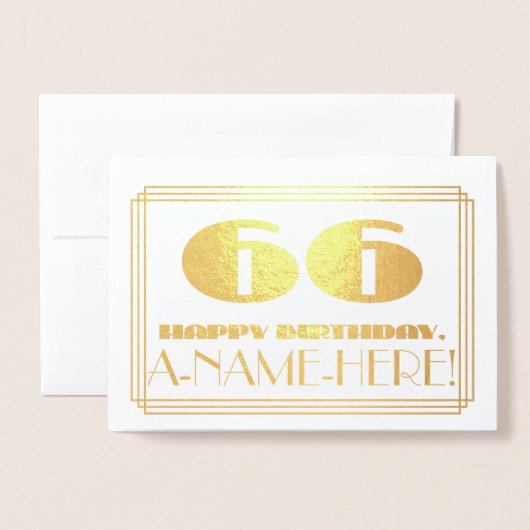 Carte Dorée 66e anniversaire ; nom + Art Déco Inspiré Look "66 (Devant avec enveloppe)