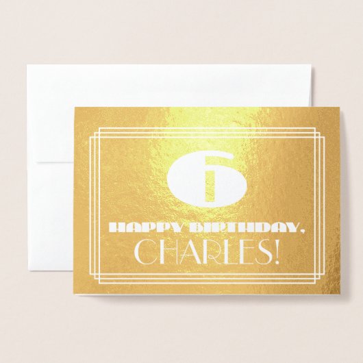 Carte Dorée 6e anniversaire : Nom + Art Déco Inspiré Look "6" (Devant avec enveloppe)