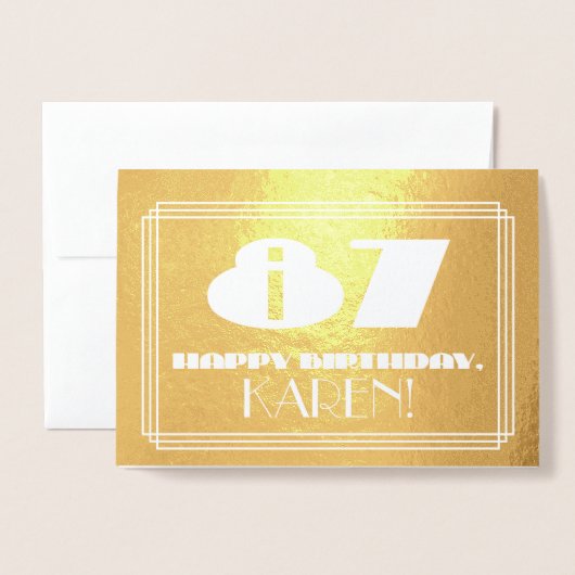 Carte Dorée 87ème anniversaire : Nom + Art Déco Inspiré Look " (Devant avec enveloppe)