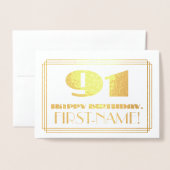 Carte Dorée 91e anniversaire ; nom + Art Déco Inspiré Look "91 (Devant avec enveloppe)