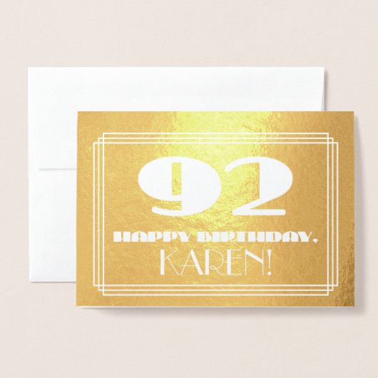 Carte Dorée 92e anniversaire : Nom + Art Déco Inspiré Look "92 (Devant avec enveloppe)