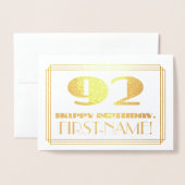 Carte Dorée 92e anniversaire ; nom + look Art Déco inspiré "92 (Devant avec enveloppe)