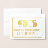 Carte Dorée 93ème anniversaire ; nom + Art Déco Inspiré Look " (Devant avec enveloppe)