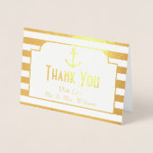Carte Dorée Ancre nautique rayures Mariage photo Merci (Devant)