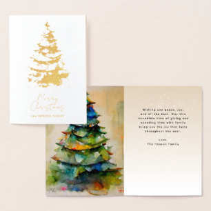 Carte Dorée Arbre de Noël artistique à l'aquarelle festive dor