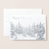 Carte Dorée Arbres bleus neigeux - Joyeux Noël (Devant avec enveloppe)