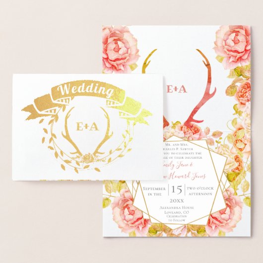 Carte Dorée Boho Rose Blush Rose Or Antler Mariage Real Gold (Affichage)