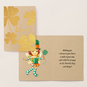 Carte Dorée Bonne Saint Patrick. Petite fille irlandaise fée
