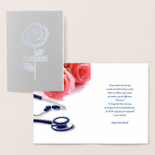 Carte Dorée Bonne Semaine des infirmières. Roses et stéthoscop