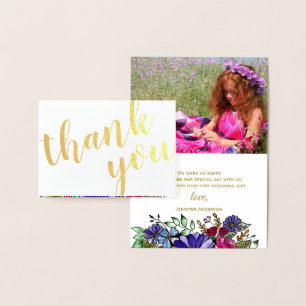 Carte Dorée Bouquet floral d'or Merci photo et nom