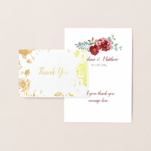 Carte Dorée Bourgogne Floral Mariage Gold Foil Merci Note