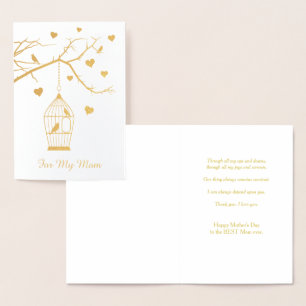 Carte Dorée Cage d'oiseaux et Coeurs Fête des mères