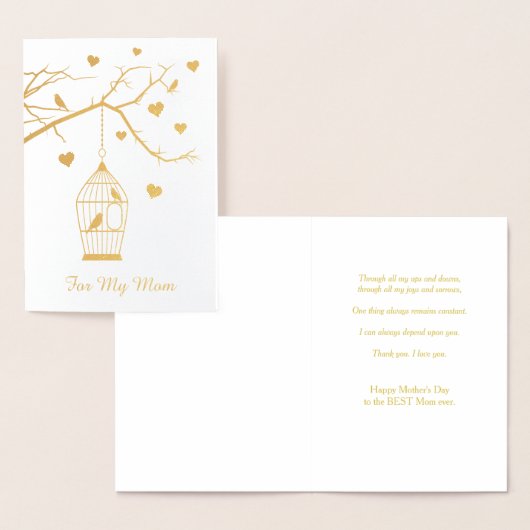 Carte Dorée Cage d'oiseaux et Coeurs Fête des mères (Affichage)