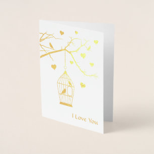 Carte Dorée Cage d'oiseaux et Coeurs Saint-Valentin