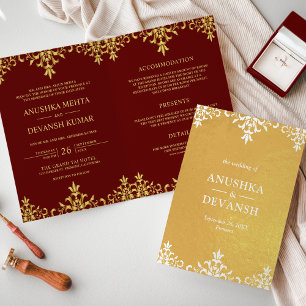 Carte Dorée Carton d'invitation de mariage en damas rouge or d