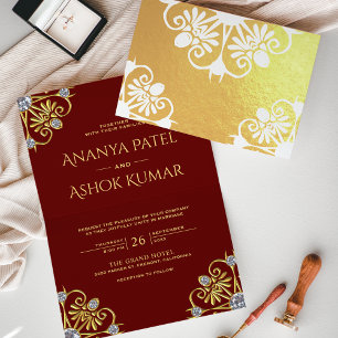 Carte Dorée Carton d'invitation de mariage indien Mandala roug
