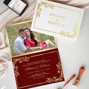 Carte Dorée Carton d'invitation de mariage rouge avec motif fl