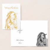 Carte Dorée Cheval dessin vrai feuille Joyeux Noël (Affichage)