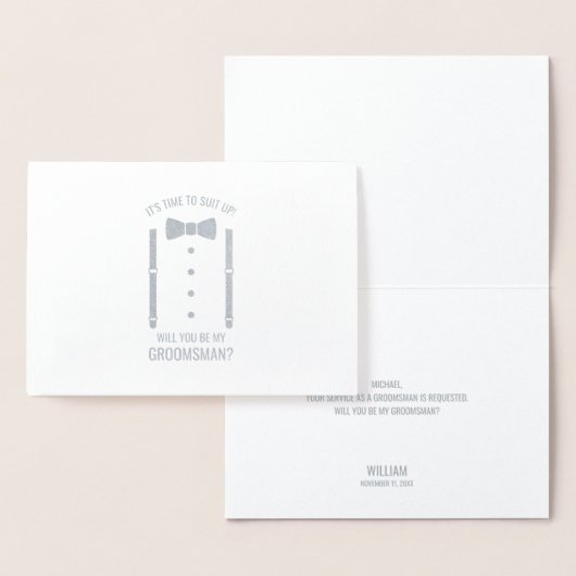 Carte Dorée Cravate Argent Bow sur la proposition de Groomsman (Affichage)