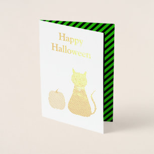 Carte Dorée Cute Halloween Chat et Citrouille Personnalisé