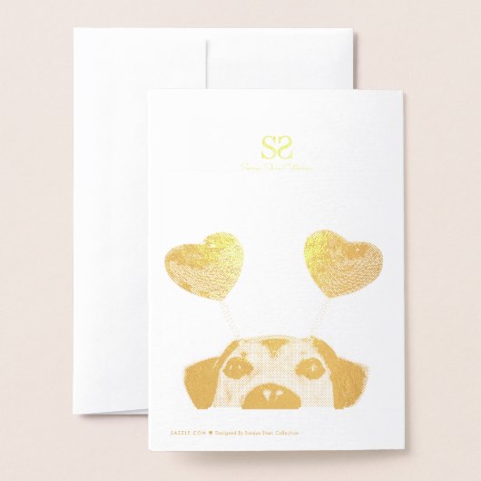 Carte Dorée Drôle Valentine's Day Chien mignon Coeur Headband (Derrière avec enveloppe)