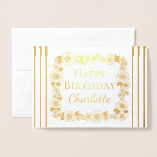 Carte Dorée Elégant cadre floral Joyeux anniversaire Real Gold