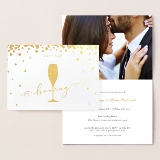 Carte Dorée Elégant Gold Foil Sip Sip Hooray Engagement Party (Affichage)