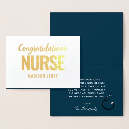 Carte Dorée Élégant Infirmière inscrite Graduation Marine Blue (Affichage)