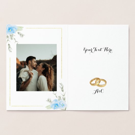 Carte Dorée Élégant Mariage de fleurs de sansy bleu (Intérieur)