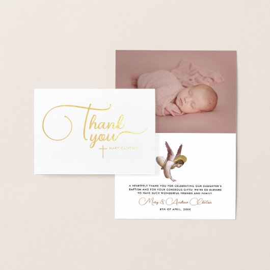 Carte Dorée Élégant Merci Baptême Bébé Ange Blanc élégant (Affichage)