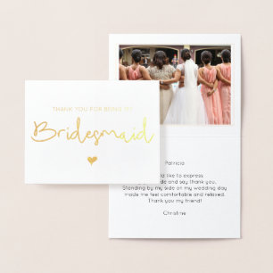 Carte Dorée Elégant Merci de Bridesmaid Photo Gold