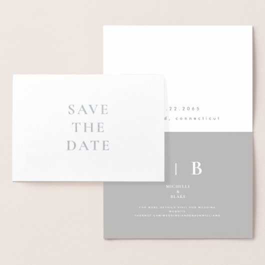 Carte Dorée Élégant Monogramme Argent et Blanc Save the Date (Affichage)