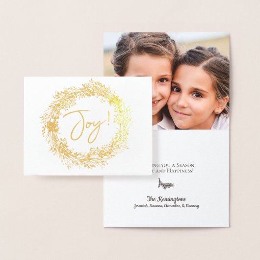 Carte Dorée Élégant Noël Joy Wreath Photo de vacances (Affichage)