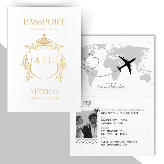 Carte Dorée Elégant Passeport Destination Mariage Noir & Blanc