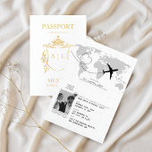 Carte Dorée Elégant Passeport Destination Mariage Noir & Blanc