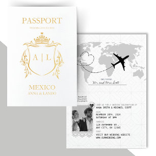 Carte Dorée Elégant Passeport Destination Mariage Noir & Blanc