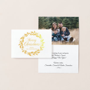 Carte Dorée Élégante Merry Christmas Wreath Holly Family PHOTO