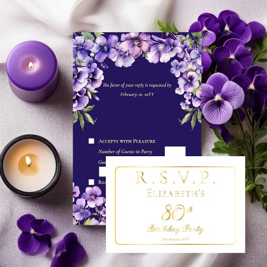 Carte Dorée Élégantes violettes violettes florales 80e anniver