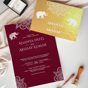 Carte Dorée Élément de mariage indien éléphant henné Bourgogne