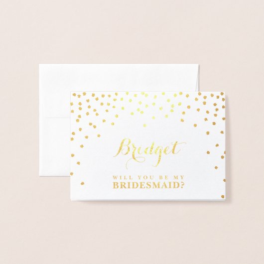 Carte Dorée ÊTES-VOUS MON BRIDESMAID nom confetti spots (Devant avec enveloppe)